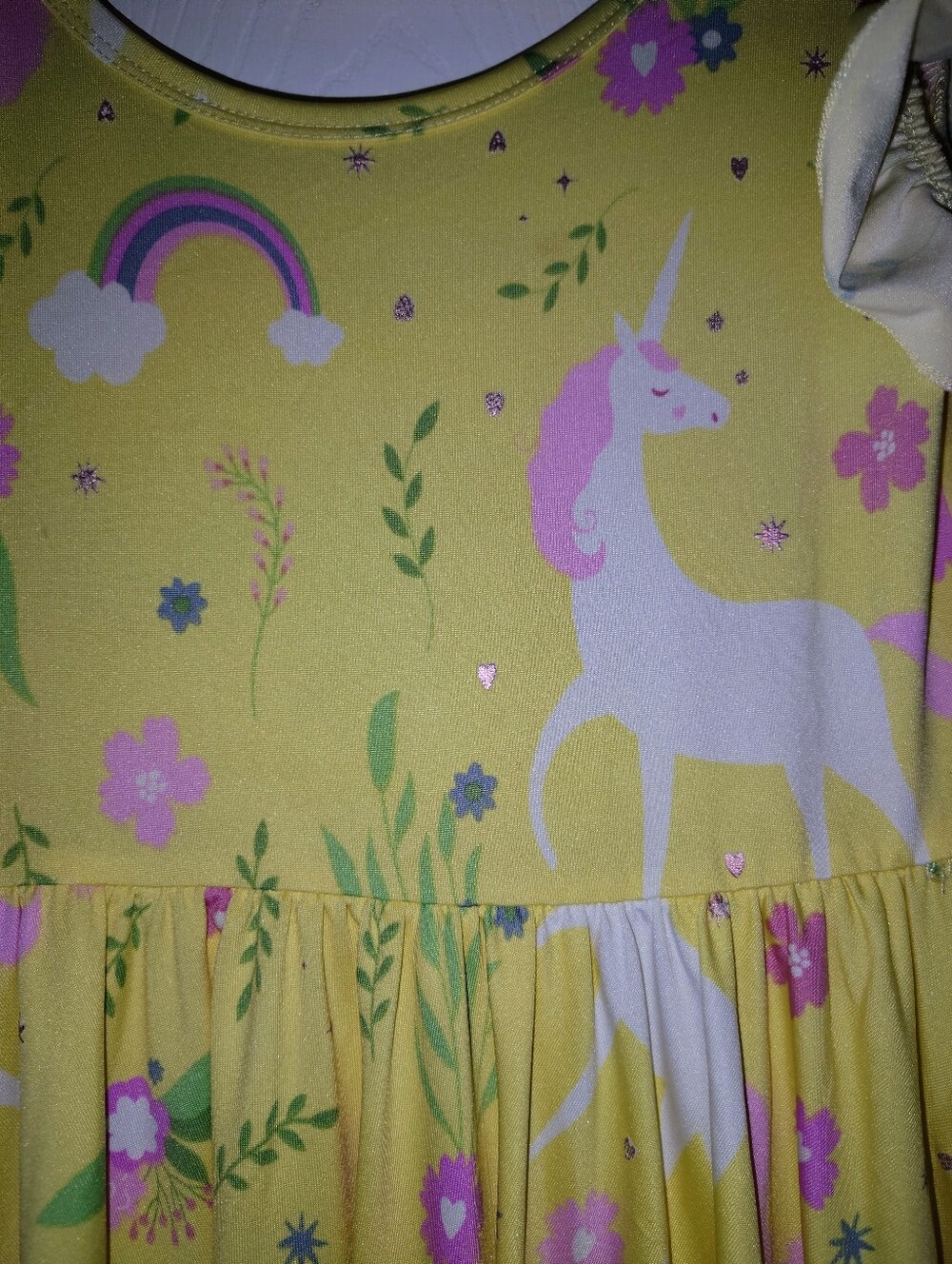 Dot Dot Smile Yellow Unicorn & Rainbow Flutter-Sleeve Dress - Picture 2 of 3